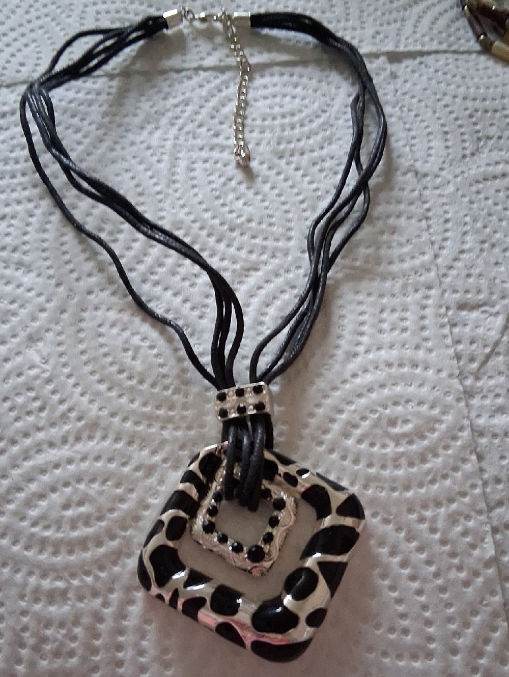 Black and Silver Square Pendant Multi-Strand Necklace Sell As It Is